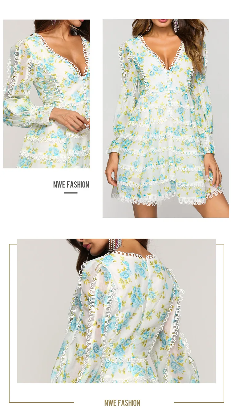 Женское кружевное платье с V образным вырезом и длинным рукавом|Женские платья| |