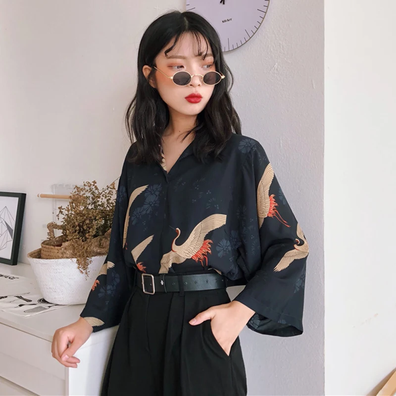 Женские рубашки Kawaii Ulzzang Ins шикарная ретро свободная тонкая рубашка с V образным