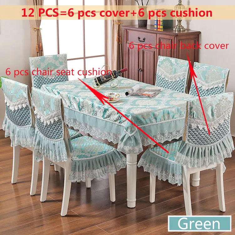Green 12pcs Европейский кружевной пылезащитный комплект скатертей с вышивкой для банкета, прямоугольной формы, для украшения дома, для обеденного стола, чехол на спинку стула, подушка для сиденья - Цвет: Green 12pcs
