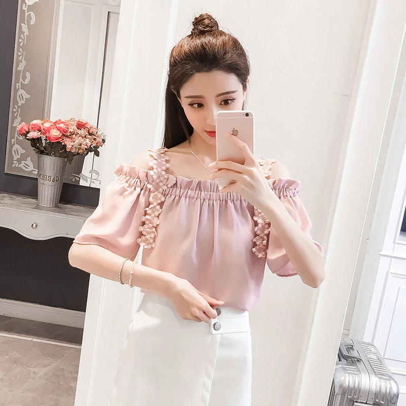 Корейская версия небольшой свежий голое плечо блузки MS темперамент сладкий