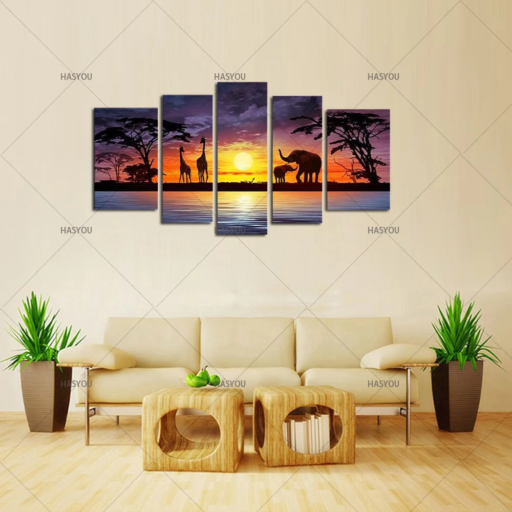 Ручная роспись большой 5 шт. искусство на стену слон африканская масляная