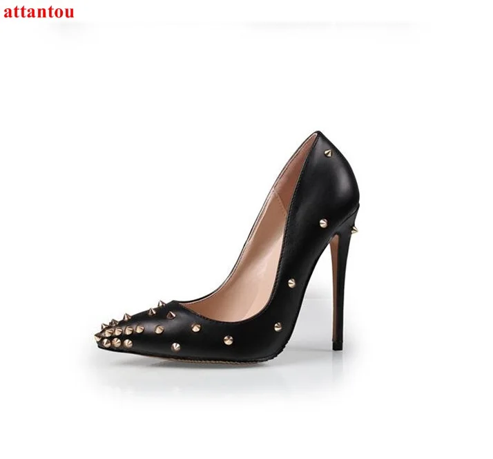 

2018 Black high heels golden rivet decor woman dress shoes thin heel female sexy pumps slip-on pointed toe party shoes stiletto