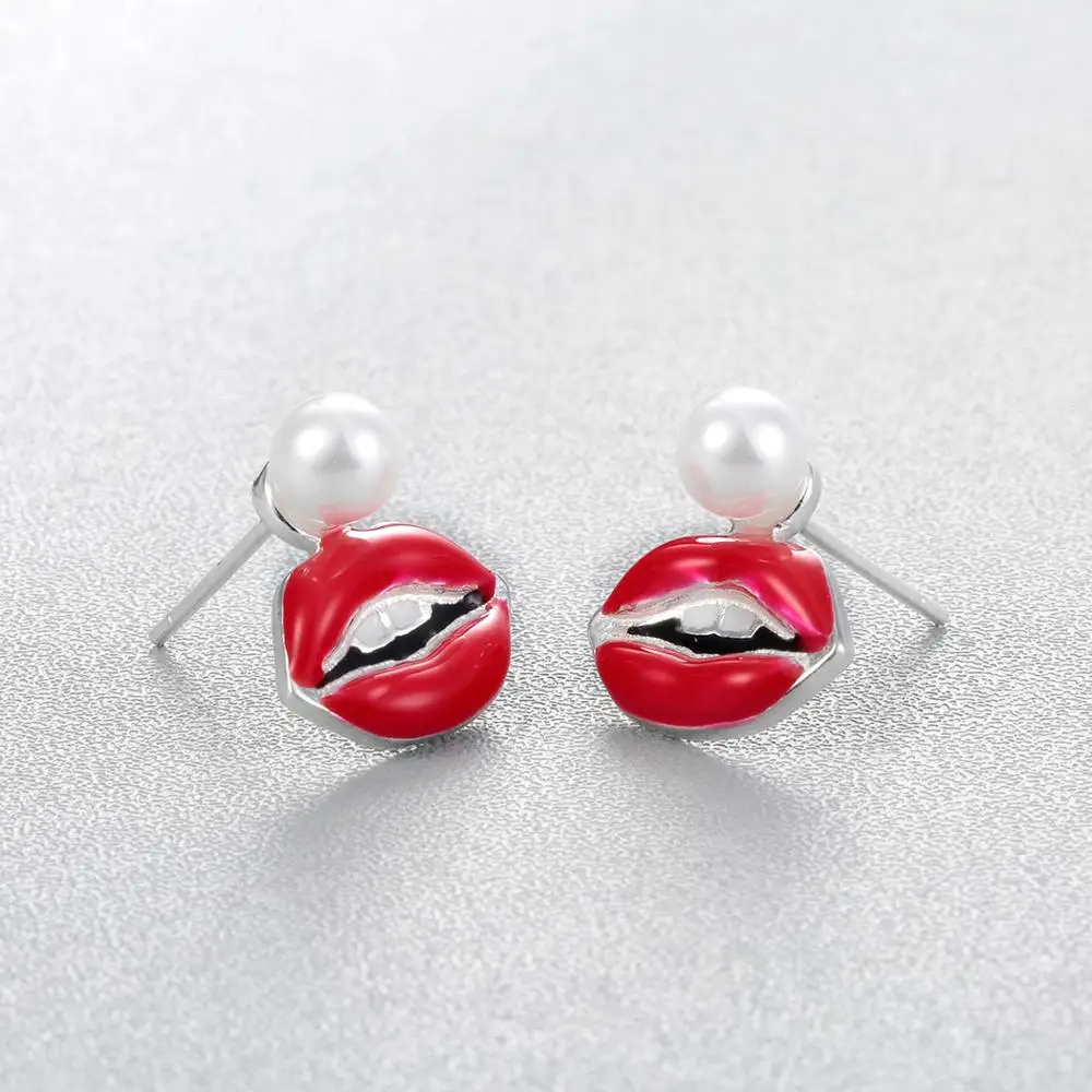 Kinitial Red Enamel Mouth Shape Earring Sexy Lips Simulated Pearl Earrings Female Charming Ear Piercing Jewelry | Украшения и