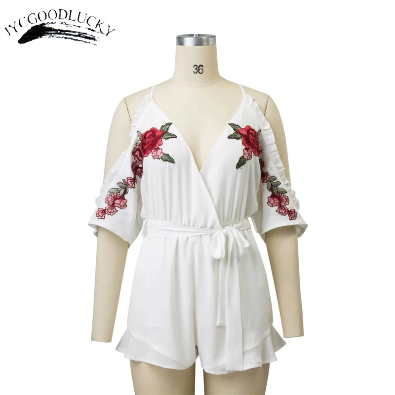 Женский комбинезон с вышивкой и шортами летний открытыми плечами Комбинезоны на