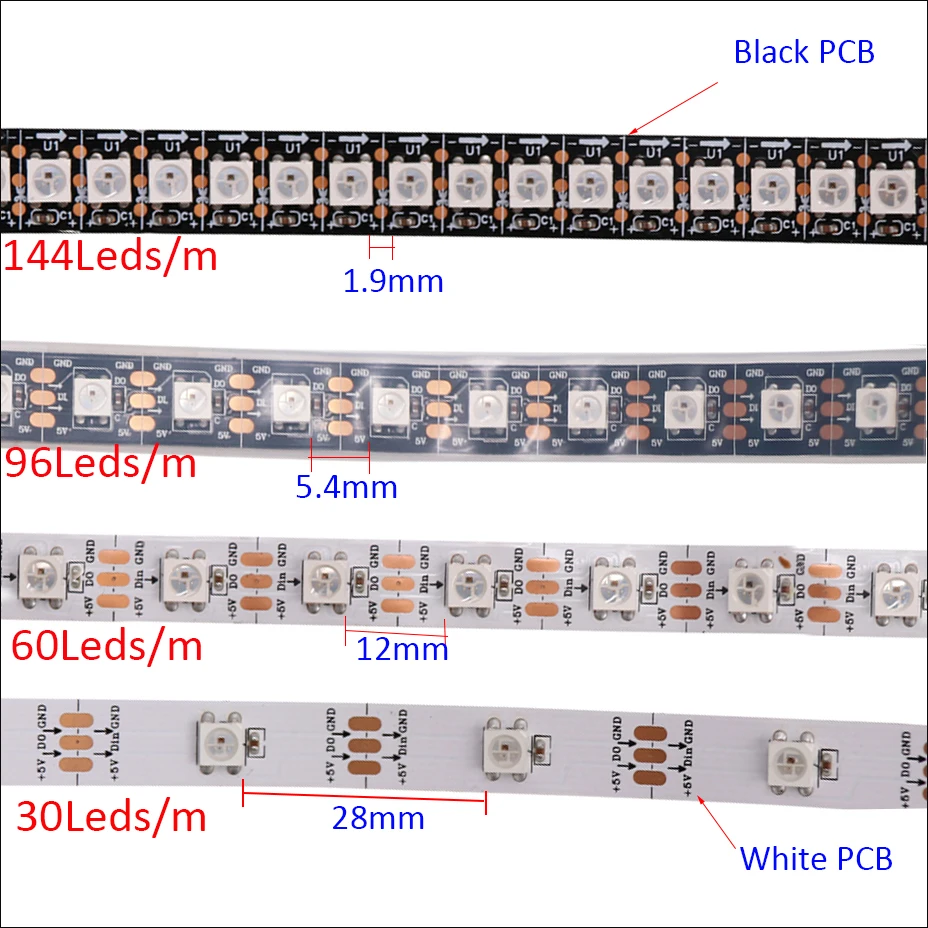 Индивидуально Адресуемая умная светодиодная Пиксельная лента WS2812B RGB DC5V 1m 2m 5m 30 60