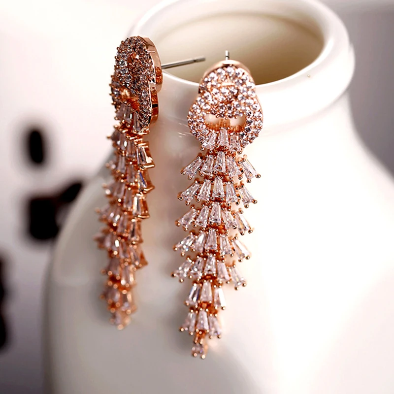 Новинка 2017 сверкающие Роскошные серьги невесты с покрытием из розового золота