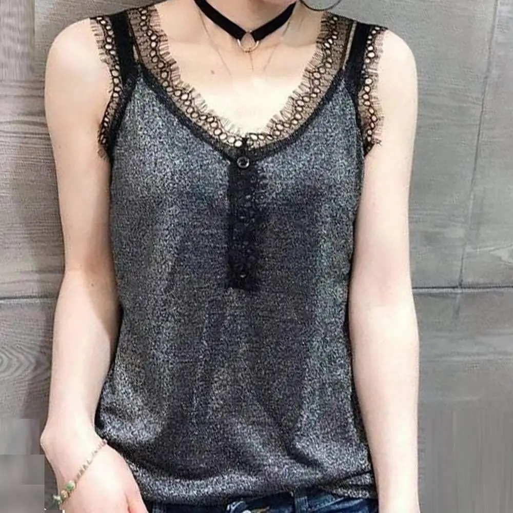 Женская кружевная блузка без рукавов однотонная с V образным вырезом лето