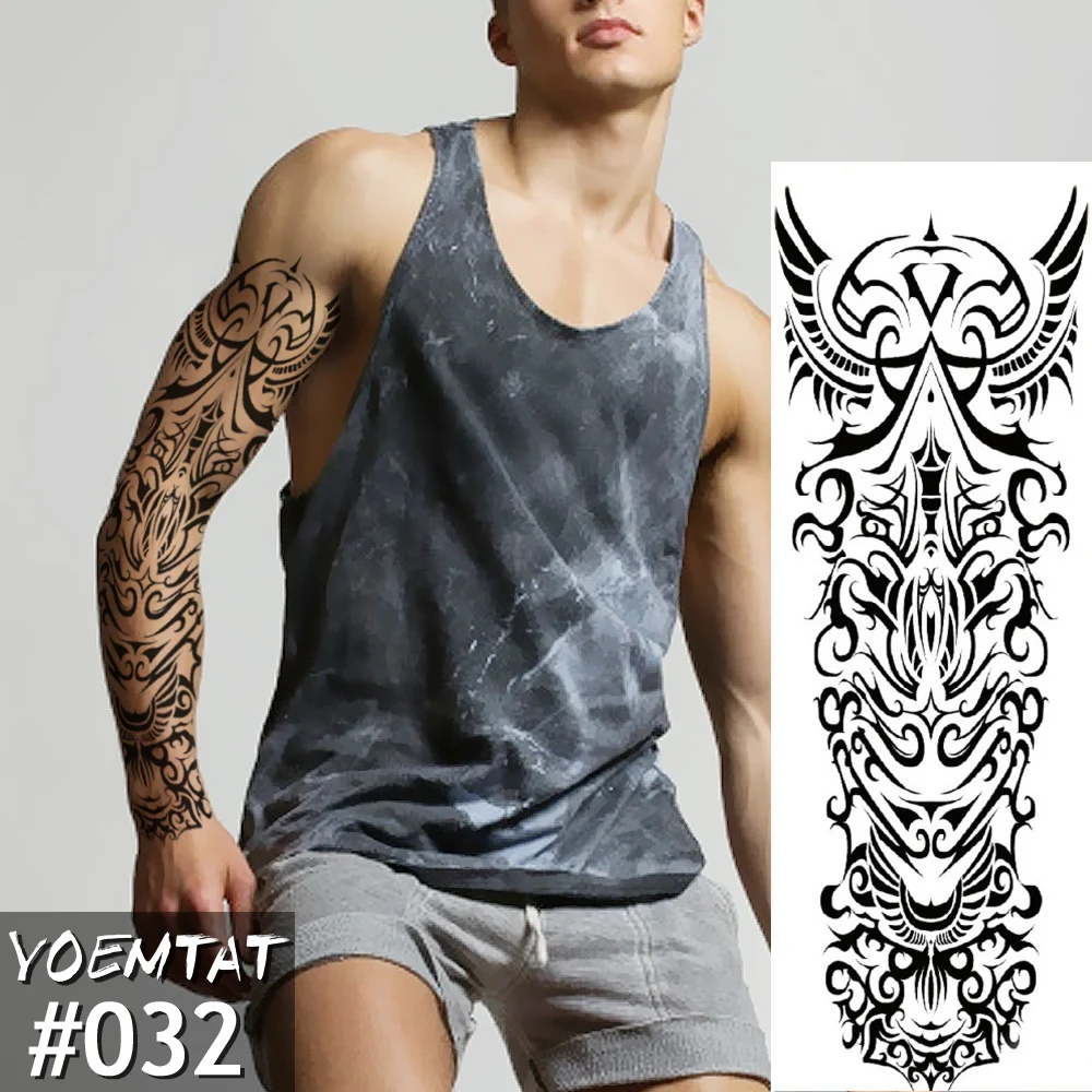 

New 1 Piece Temporary Tattoo Sticker Black Totem Full Flower Tattoo with Arm Body Art Big Large Fake Tattoo Sticker