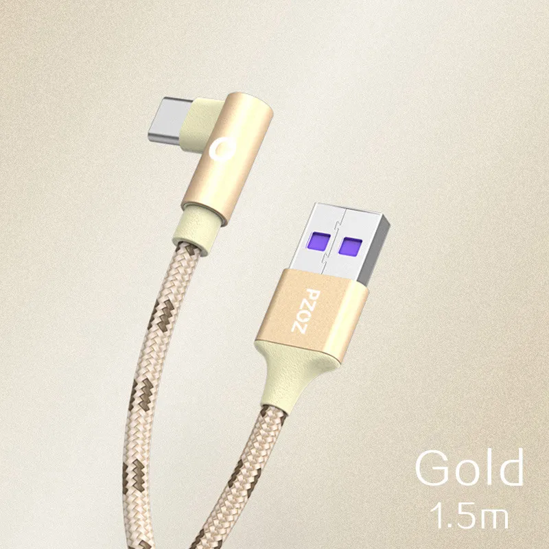 PZOZ 5A usb type C 90 градусов usb c кабель для быстрой зарядки usb-c кабель для передачи данных type-c 1,5 м для huawei P10 P9 mate 20 Pro xiaomi - Цвет: Gold
