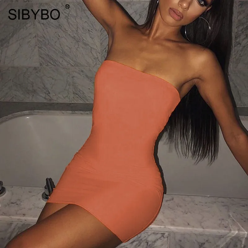 Sibybo, без бретелек, с открытыми плечами, сексуальное мини-платье, без рукавов, облегающее, летнее, женское платье, однотонное, с открытой спиной, Клубные, вечерние, короткое