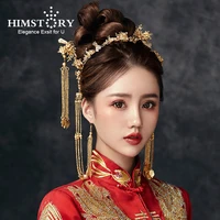 himstory new chinese wedding hair tiaras hairpins gold small house long leaf tassel wedding bride hair accessories