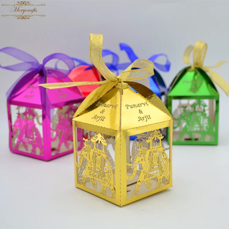 

classical elephant carved pattern custom laser cut favor box candy box for festival events with free ribbons