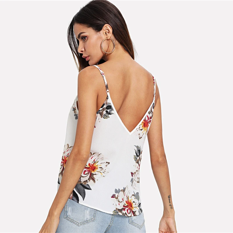Шеин Двойной Глубокий V шеи цветочные Cami Top Boho Женская одежда Спагетти ремень топы Летний жилет топы