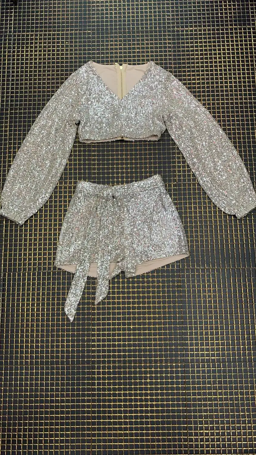 Женский комбинезон с блестками из двух предметов V образным вырезом и длинным