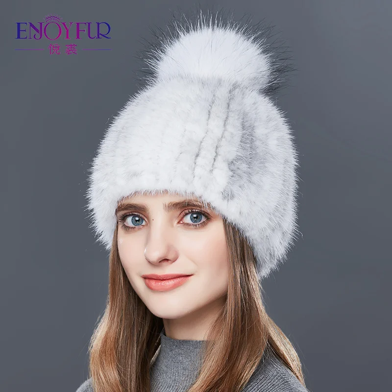 Женская шапка с помпоном ENJOYFUR, теплая толстая шапка бини из натурального меха норки на зиму - Цвет: 05