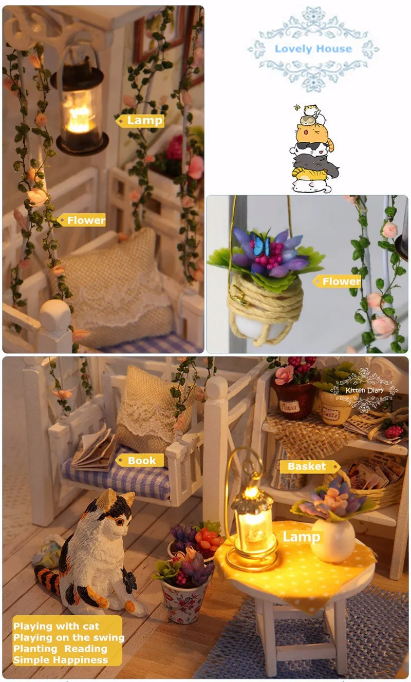 JIMITU Cuteroom 1/24 миниатюрный кукольный домик DIY набор со светодиодный светильник деревянная игрушка кукольный дом комната дневник котенка
