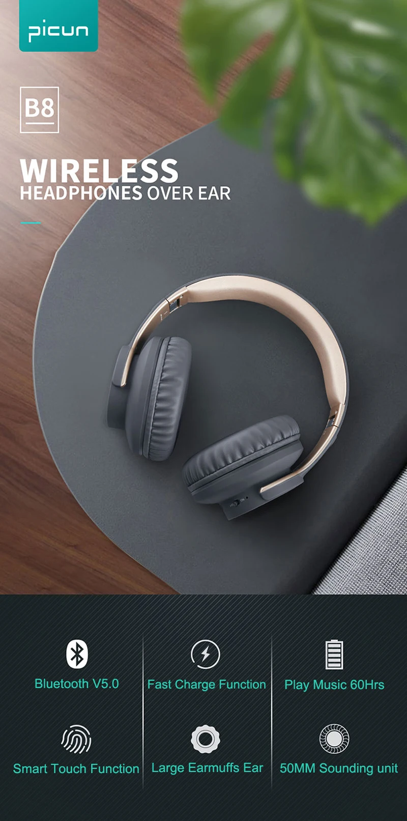 Picun беспроводные bluetooth наушники гарнитура со светодиодной вставкой Touchs управление складные регулируемые наушники с микрофоном/TF картой для мобильного телефона