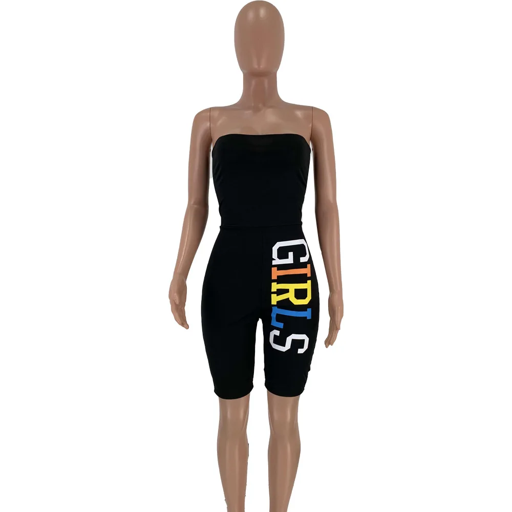 Новый женский летний черный комбинезон с буквенным принтом на шнуровке без