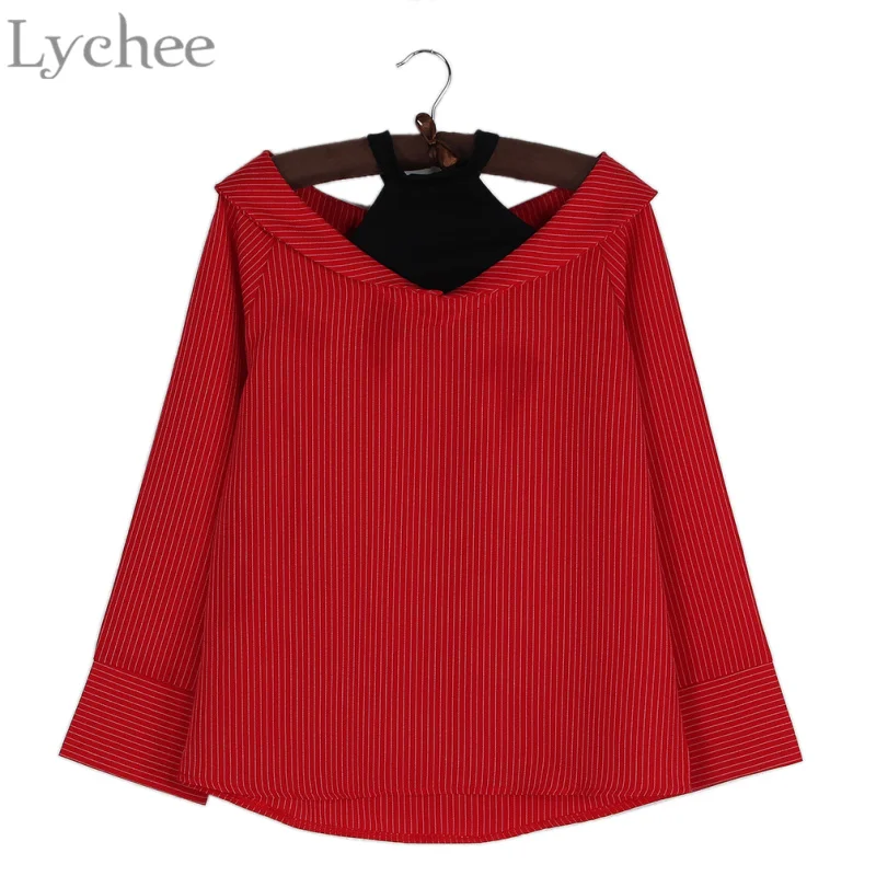Lychee Spring Autumn Women Blouse Stripe Fake Two Pieces Halter Off Shoulder Casual Loose Long Sleeve Shirt | Женская одежда