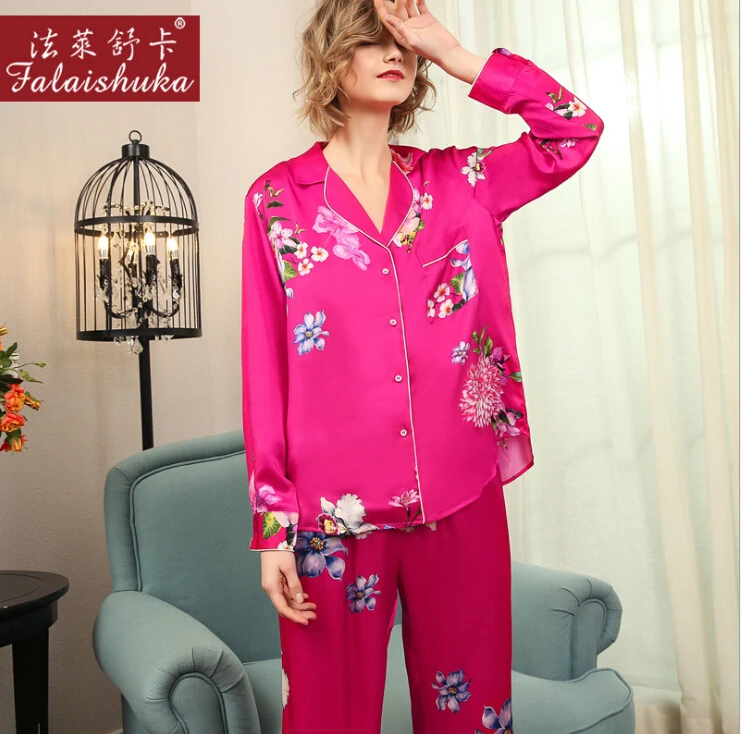100% Silk Stain Pajamas Set Long Sleeve Women Flower Print 2019 Lady Red Silk Homewear Two Piece Pants Sets Sleepwear Clothing