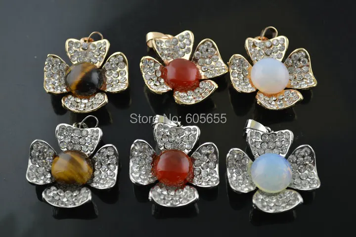 Mix полудрагоценные Камень Круглый кабошоны Цветок Форма Подвески fit Ожерелье