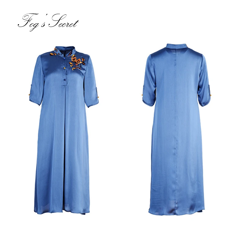 Women Long Dress Loose Elegant Chinese Cheongsam Embroidery Flower Large size Thin For 2019 summer autumn | Женская одежда