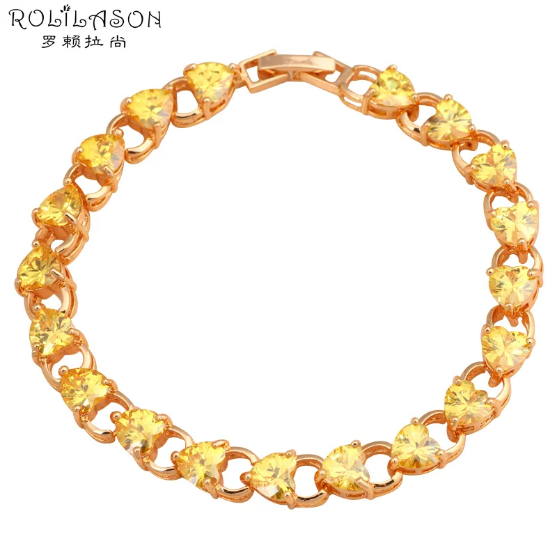 ROLILASON изысканный дизайн в форме сердца Желтый Кристалл Циркон Золотой Браслеты