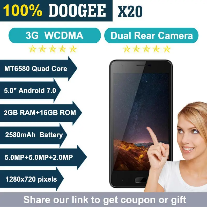 DOOGEE X20 двойной камеры заднего мобильных телефонов Android 7 0 5 &quotMT6580A 4 ядра 3g сотовые
