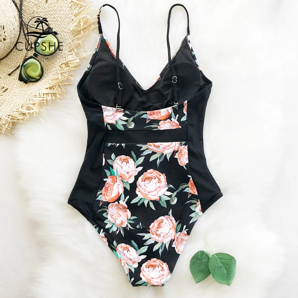 CUPSHE счастливое время цветочный принт Цельный купальник женский черный