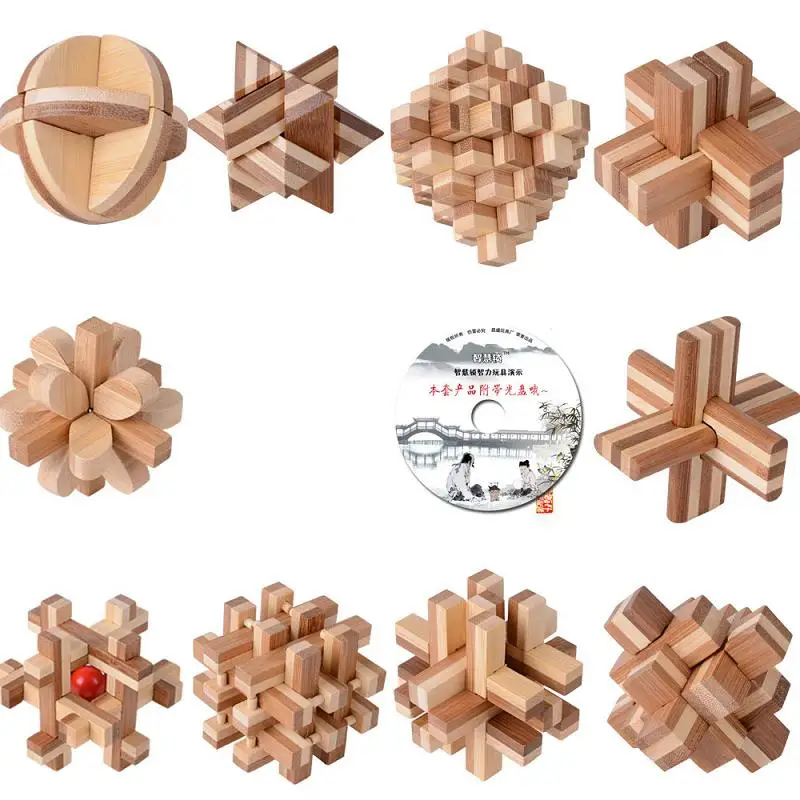 10 Puzzles only 10 шт./лот бамбук с CD игрушки Классический IQ 3D деревянные блокировка заусенцев паззлы ум головоломка игра игрушка для взрослых детей - Цвет: 10 Puzzles only