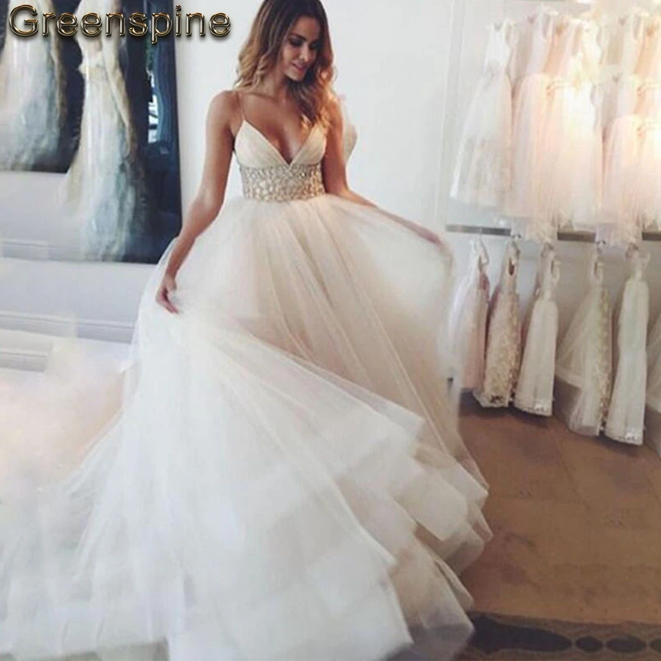 Sparkly Beach Wedding Dress 2019 Vestido De Novia Elegant Women Bridal Gown Empire Waist Crystals Beading Tulle Dresses | Свадьбы и