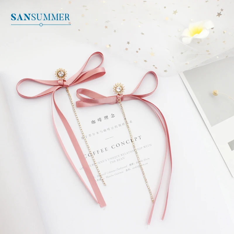 Новые модные женские серьги ленты SANSUMMER розовые черные подвески с бантом
