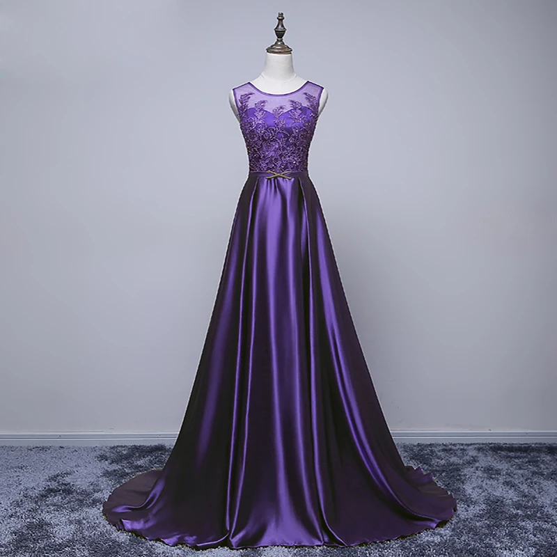 Атласное вечернее платье со шлейфом роскошное банкетное элегантное фиолетовое с