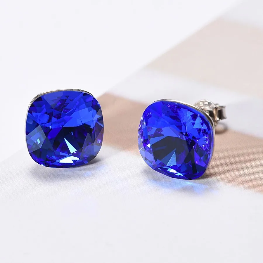 296 BLUE Crystals From Swarovski Stud Earrings For Women New Fashion Sterling silver Earrings Piercing Earring Elegant Wedding Jewelry - Окраска металла: 296 BLUE