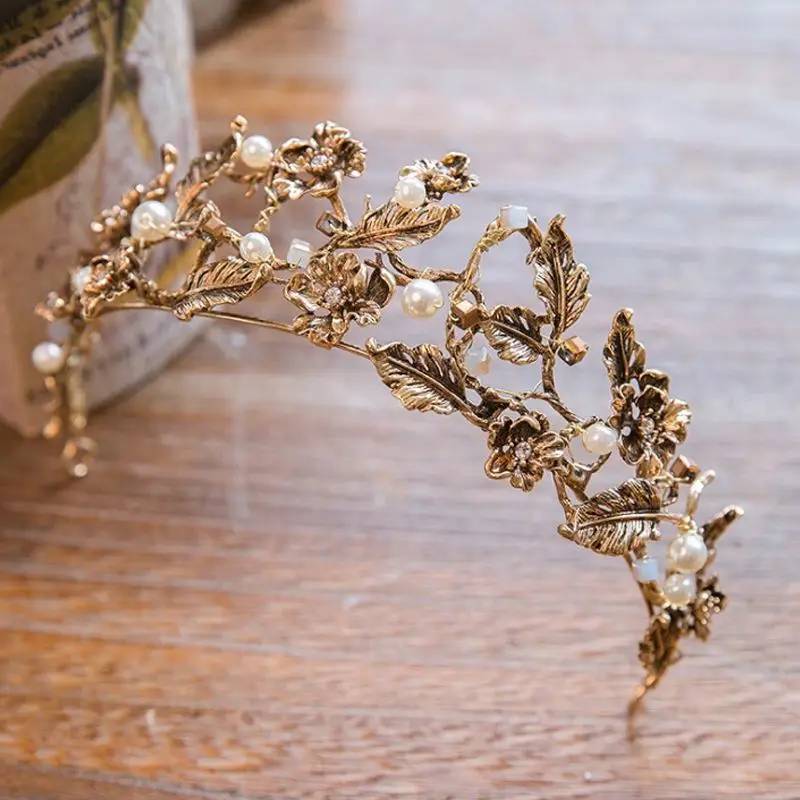 Винтажный головной убор в стиле барокко Корона золотого цвета имитация жемчуга