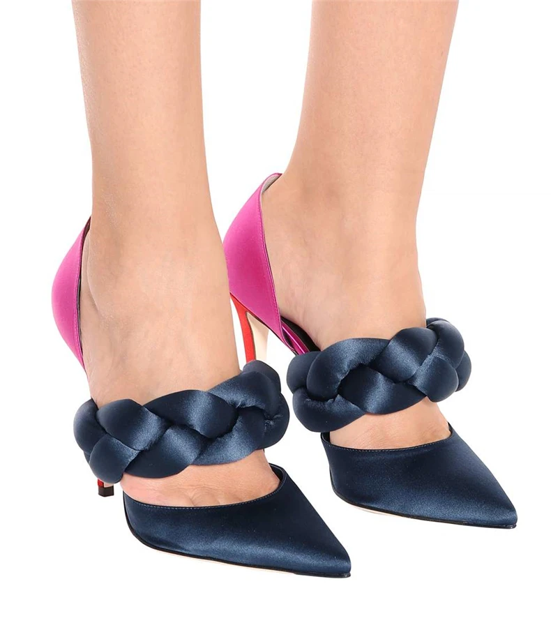 

Sestito Girls Sweety Twist Braid Mixed Color Stiletto Heels Dress Party Shoes For Ladies Strap Slip-on Pumps Female Satin Shoes