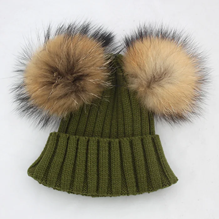 Двойной помпоном Для женщин зимняя шапка смесь шерсти трикотажные gorros Кепки с натуральным Цвет енота Мех животных помпоном - Цвет: green