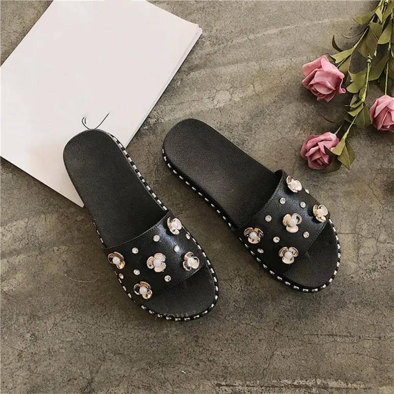 black MCCKLE/новые женские шлепанцы на плоской подошве с кристаллами, женская обувь без шнуровки с открытым носком, женская модная удобная летняя обувь - Цвет: black