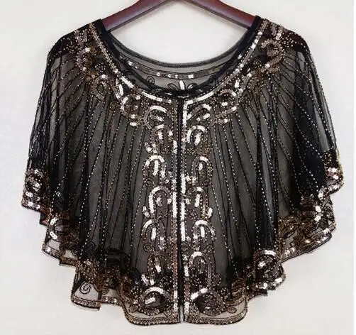 Golden Sequins Винтажная шаль 1920 s, расшитая блестками и бисером, короткая накидка, украшенная бисером, Гэтсби, вечерние, сетчатые, короткие, накидка, Аксессуары для платья - Цвет: Golden Sequins