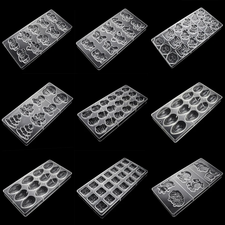 3D Рождественские поликарбонатные формы для шоколада, пластиковые формы Санта-Клауса, для выпечки, кондитерских инструментов, лоток для шоколадных форм