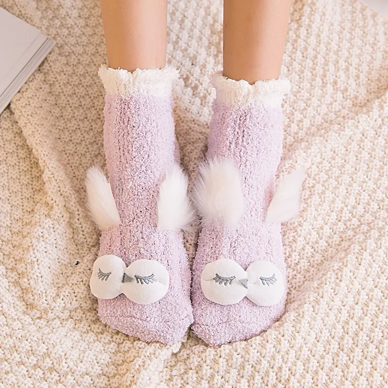 1 пара Harajuku забавное носки с животными зимние Бархатные Теплые мягкие домашние носки-тапочки Kawaii Девочки Женские кролик сова Пушистые Носки для сна