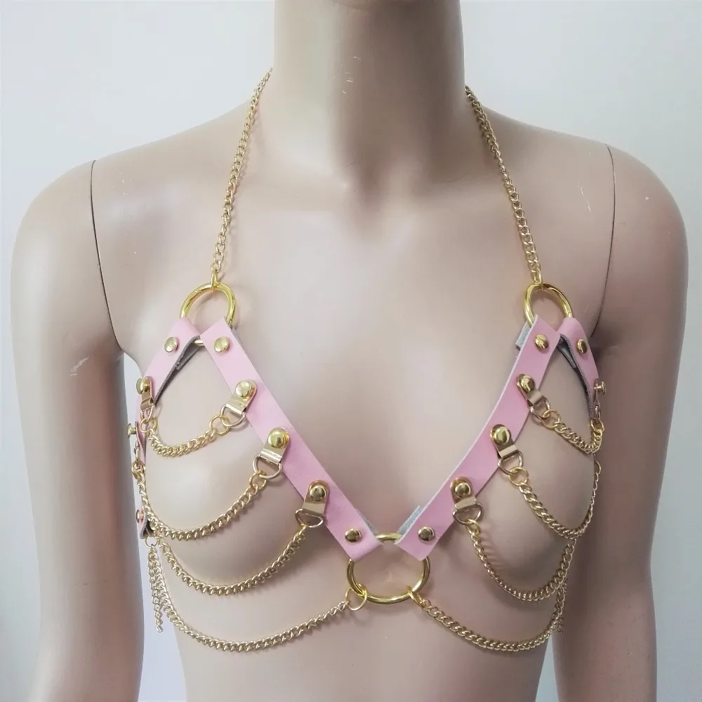 Women sexy Body Bondage Studded Rivet Punk Harness pink Leather metal Chain Handmade female Chest Belt goth Bra O-round | Женская одежда