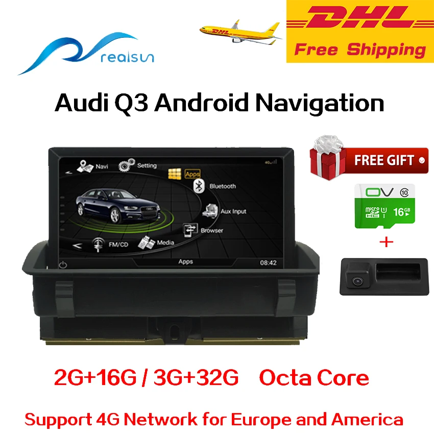 Realsun 8 дюймов Android 7 0 Audi Q3 3G RAM 32G ROM Восьмиядерный 4G сеть 1024*600 HD Автомобильный