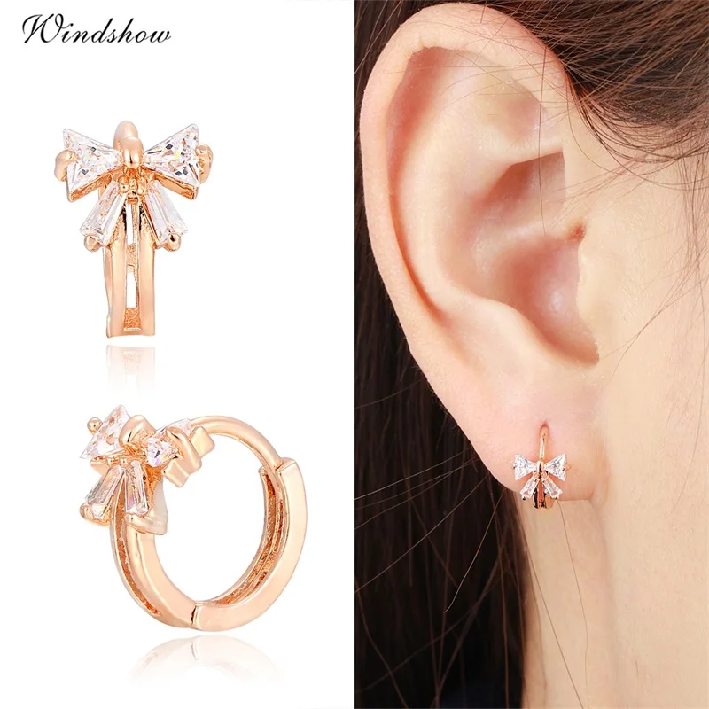 Cute Gold Color Bowknot w/ CZ Crystals Round Circle Huggies Small Hoop Earrings for Women Children Girls Baby Kids Jewelry Aros|jewelry plus size