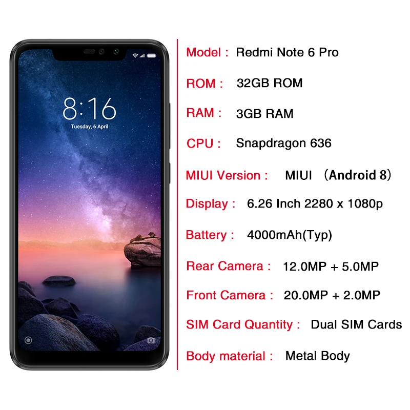 В наличии Глобальный Версия Xiaomi Redmi Note 6 Pro 4G 64G 26 полный Экран двойной AI Cam Snapdragon 636