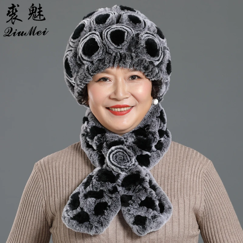 

2 PCS/Set Winter Hat & Scarf Set For Middle-aged Women Warm Beanies Scarf Rose Flower Real Rabbit Fur Hats Knitted Caps Scarf
