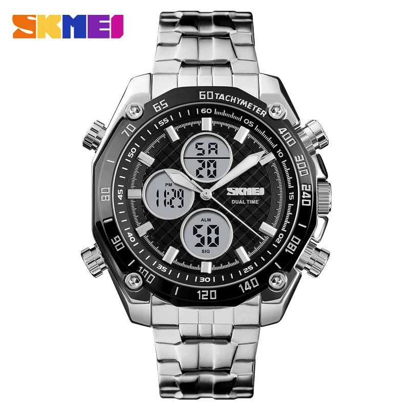 silver black SKMEI Роскошные мужские часы золотые кварцевые часы аналоговые цифровые спортивные часы с секундомером и будильником военные часы водонепроницаемые повседневные светодиодный наручные часы - Цвет: silver black