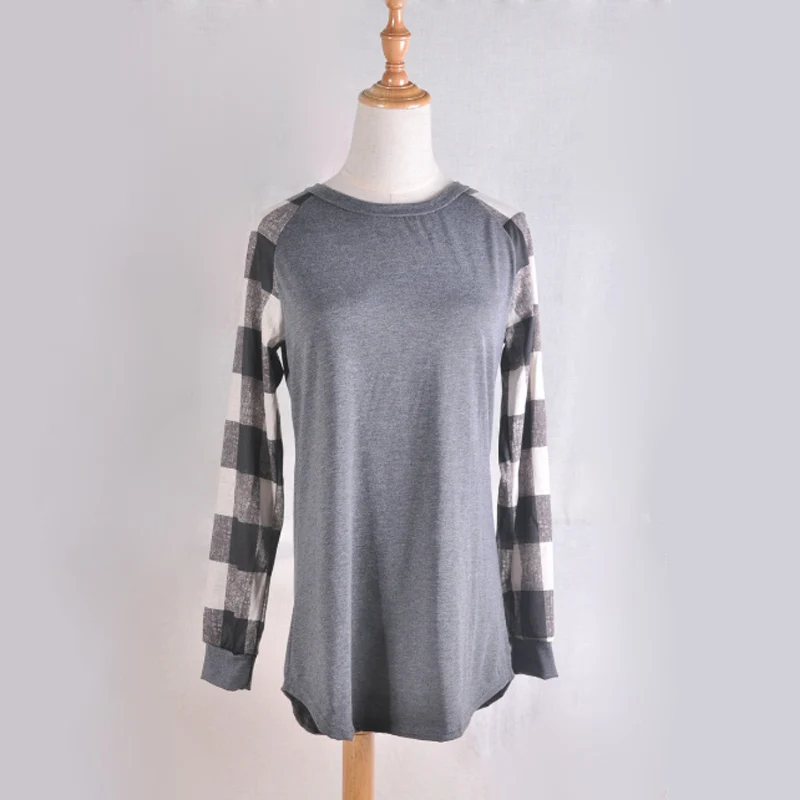 gray-black Хлопковая клетчатая рубашка реглан,, женские футболки с круглым вырезом, в клетку буйвола, DOM106732 - Цвет: gray-black