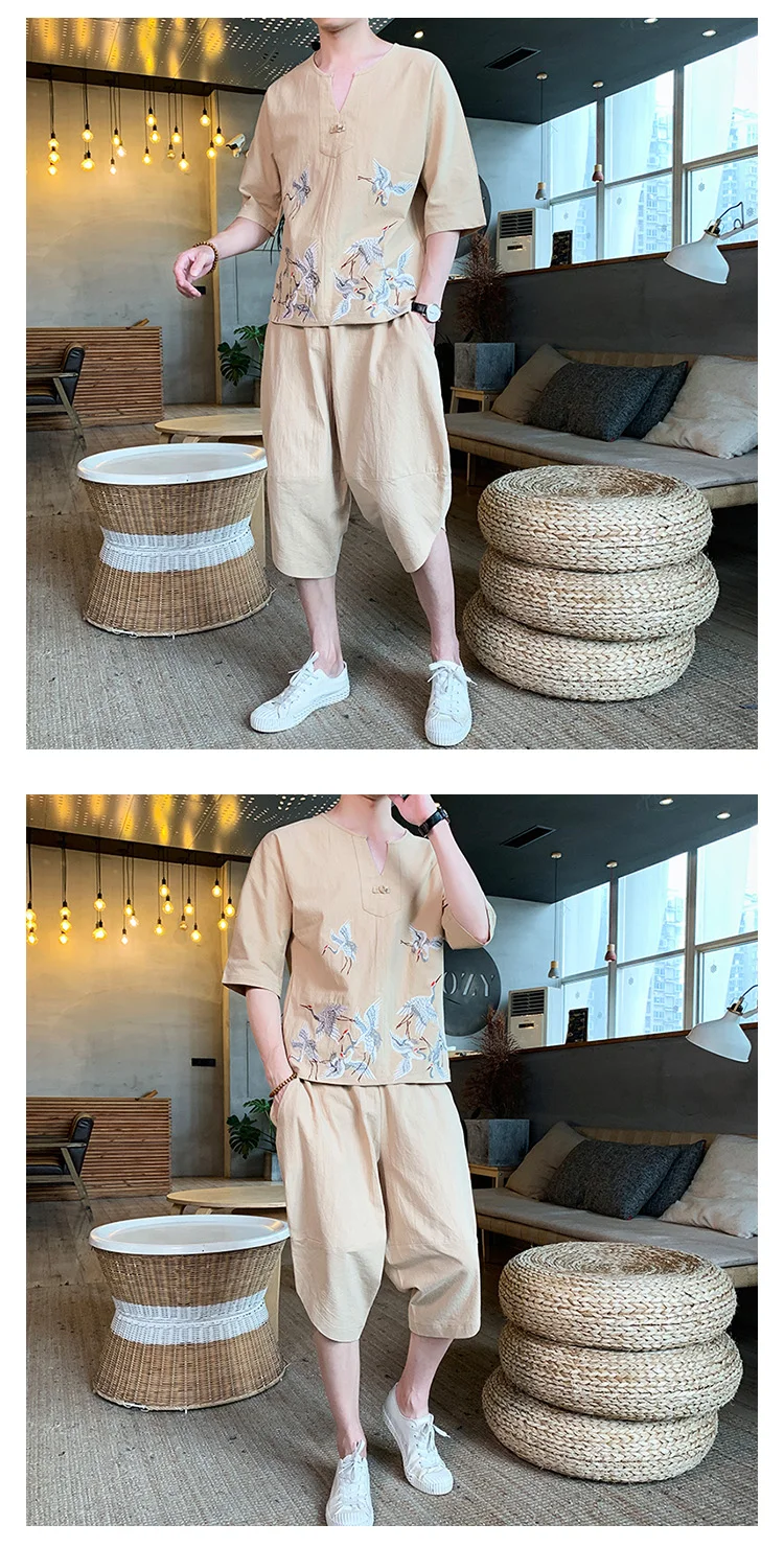 Sinicism Store, Мужской комплект, повседневный костюм, хлопковая льняная футболка, мужские шорты, Мужская футболка оверсайз, Мужская футболка, летний спортивный костюм с вышивкой