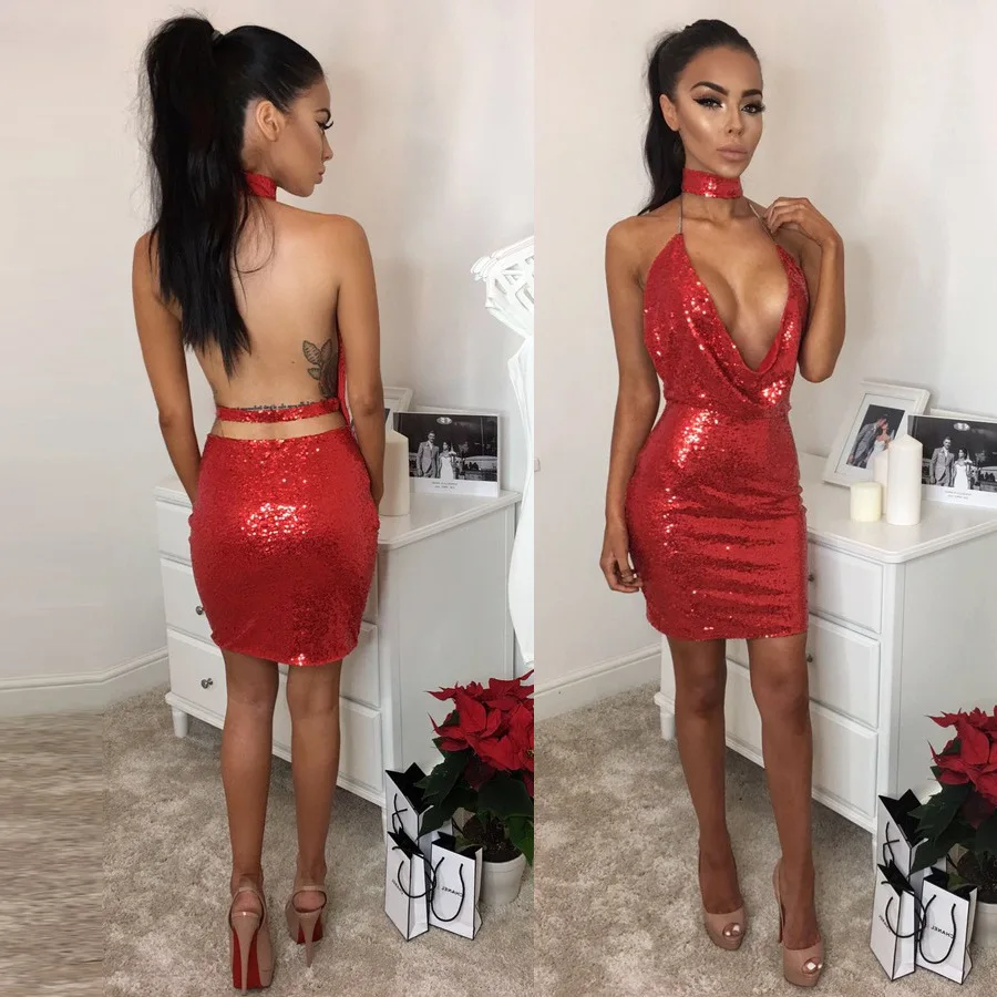 Сверкающими блестками Короткое платье женщин Повода глубоким v-образным вырезом